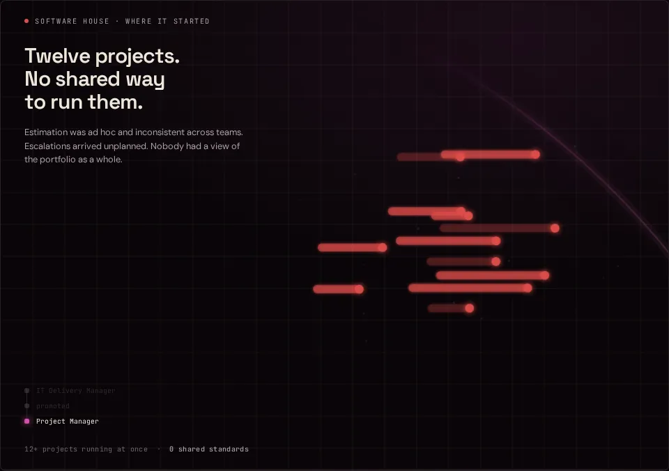 Portfolio delivery view - twelve projects tracked at once against scope, budget and timeline.